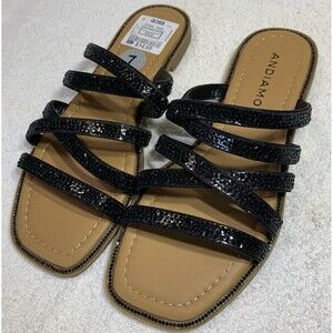 Andiamo Sandals Women 7 Black Strappy Slide Rhinestone Embellished Sparkly Flat
